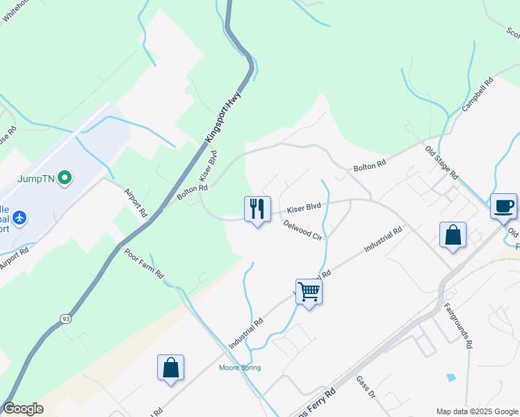 map of restaurants, bars, coffee shops, grocery stores, and more near 651 Kiser Boulevard in Greeneville