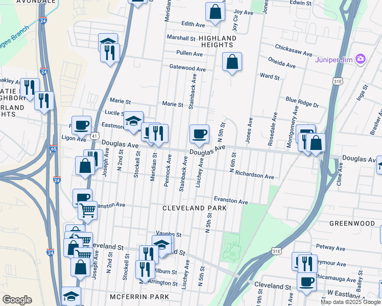 map of restaurants, bars, coffee shops, grocery stores, and more near 330 Douglas Avenue in Nashville