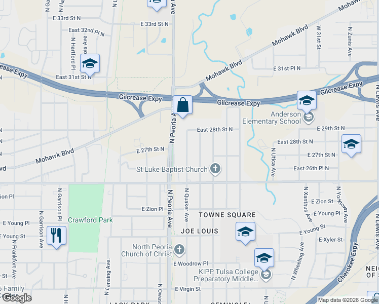 map of restaurants, bars, coffee shops, grocery stores, and more near 2660 North Quaker Avenue in Tulsa