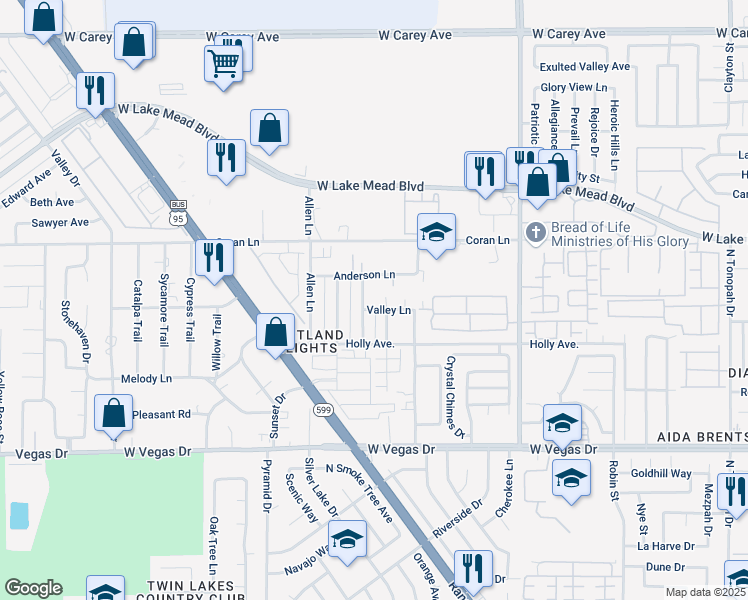 map of restaurants, bars, coffee shops, grocery stores, and more near 3456 Valley Lane in Las Vegas