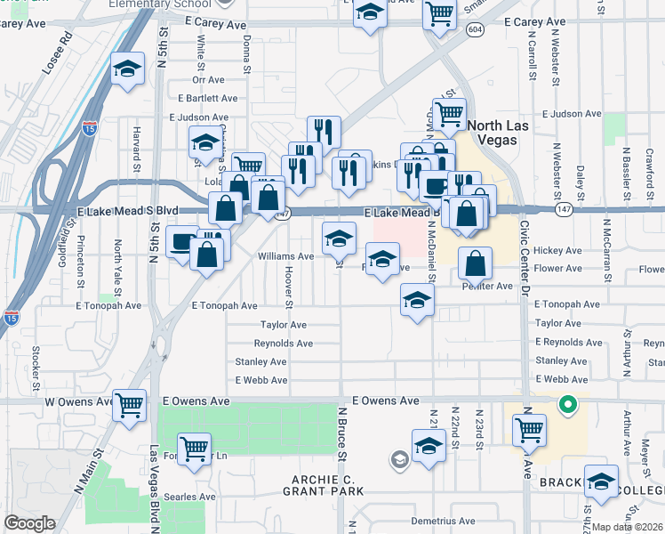 map of restaurants, bars, coffee shops, grocery stores, and more near 1843 North Bruce Street in North Las Vegas
