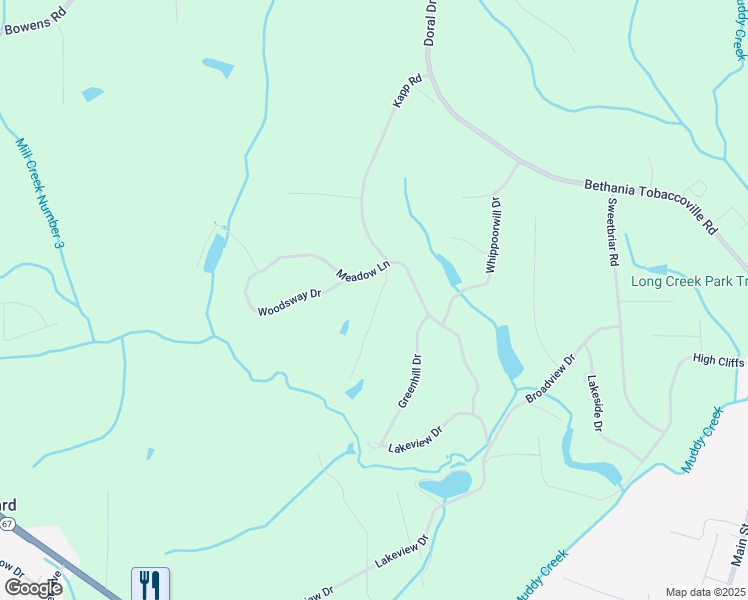 map of restaurants, bars, coffee shops, grocery stores, and more near 5764 Meadow Lane in Pfafftown