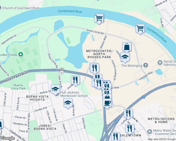 map of restaurants, bars, coffee shops, grocery stores, and more near Athens Way in Nashville