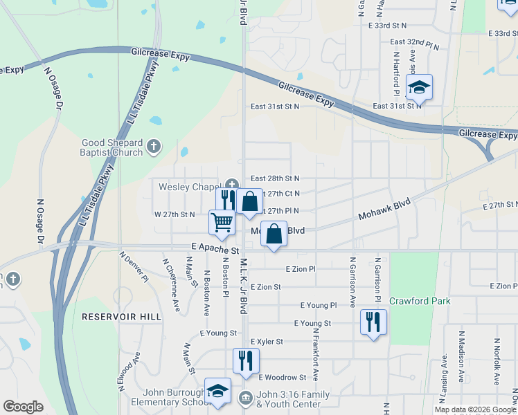map of restaurants, bars, coffee shops, grocery stores, and more near 219 East 27th Place North in Tulsa