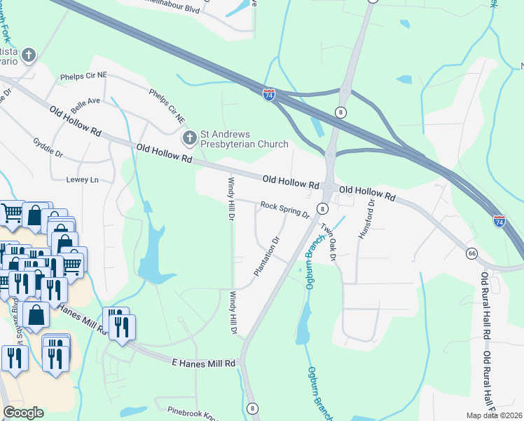 map of restaurants, bars, coffee shops, grocery stores, and more near 924 Rock Spring Drive in Winston-Salem