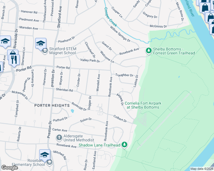 map of restaurants, bars, coffee shops, grocery stores, and more near 1508 Rosebank Avenue in Nashville