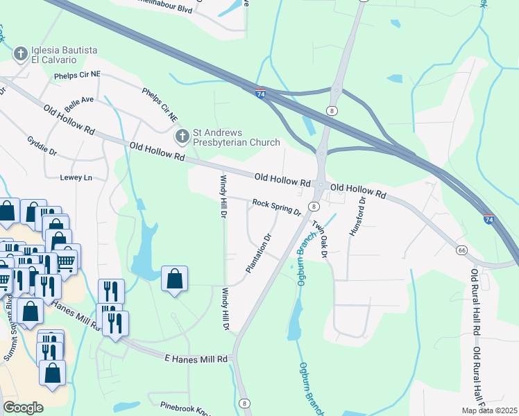 map of restaurants, bars, coffee shops, grocery stores, and more near 930 Rock Spring Drive in Winston-Salem
