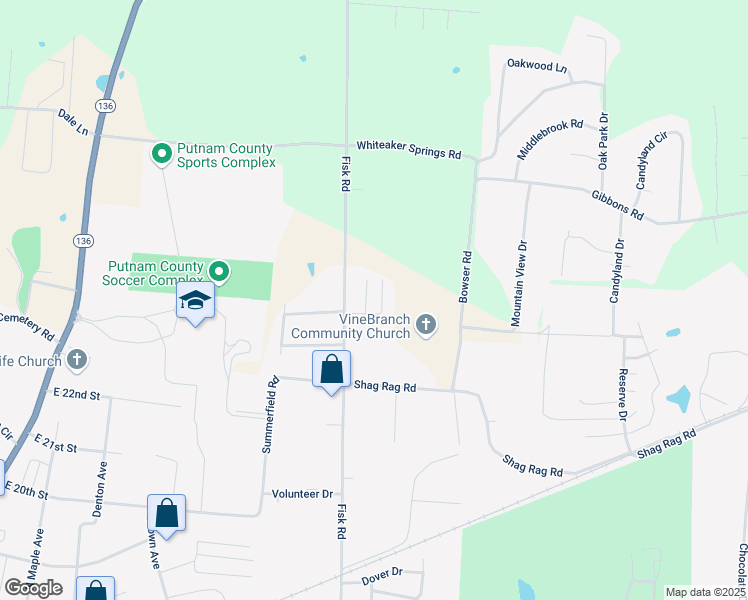 map of restaurants, bars, coffee shops, grocery stores, and more near 2425 Fisk Road in Cookeville