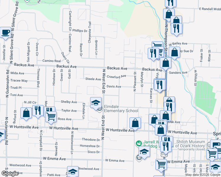 map of restaurants, bars, coffee shops, grocery stores, and more near 1405 Davis Avenue in Springdale