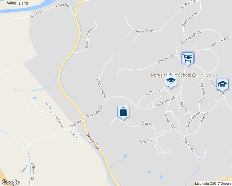 map of restaurants, bars, coffee shops, grocery stores, and more near 174 West Norris Road in Norris