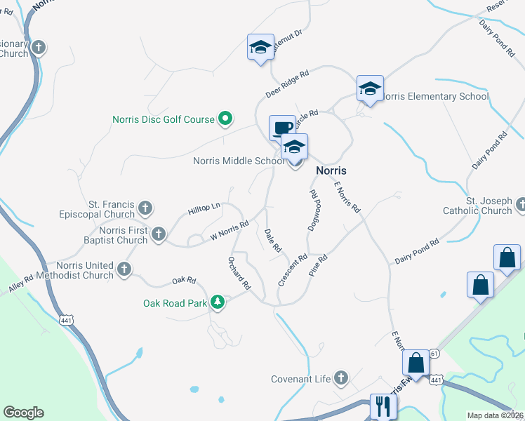 map of restaurants, bars, coffee shops, grocery stores, and more near 5 West Norris Road in Norris