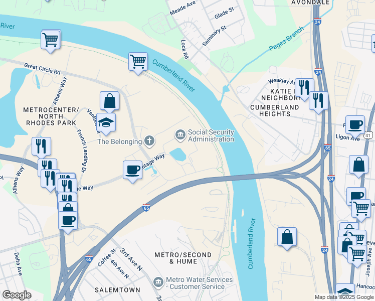 map of restaurants, bars, coffee shops, grocery stores, and more near 215 Cumberland Bend in Nashville