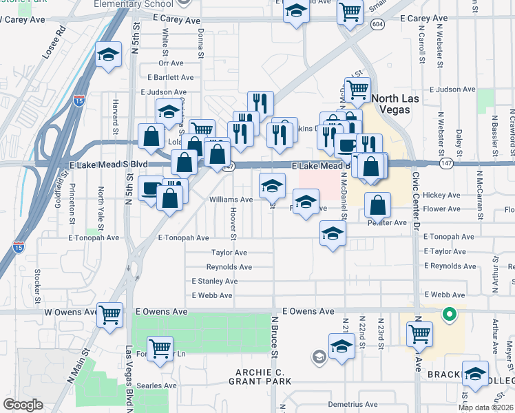 map of restaurants, bars, coffee shops, grocery stores, and more near 1838A Jefferson Street in North Las Vegas
