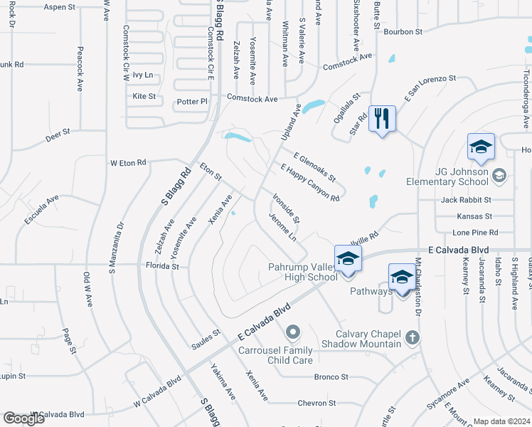 map of restaurants, bars, coffee shops, grocery stores, and more near 1770 Jerome Lane in Pahrump