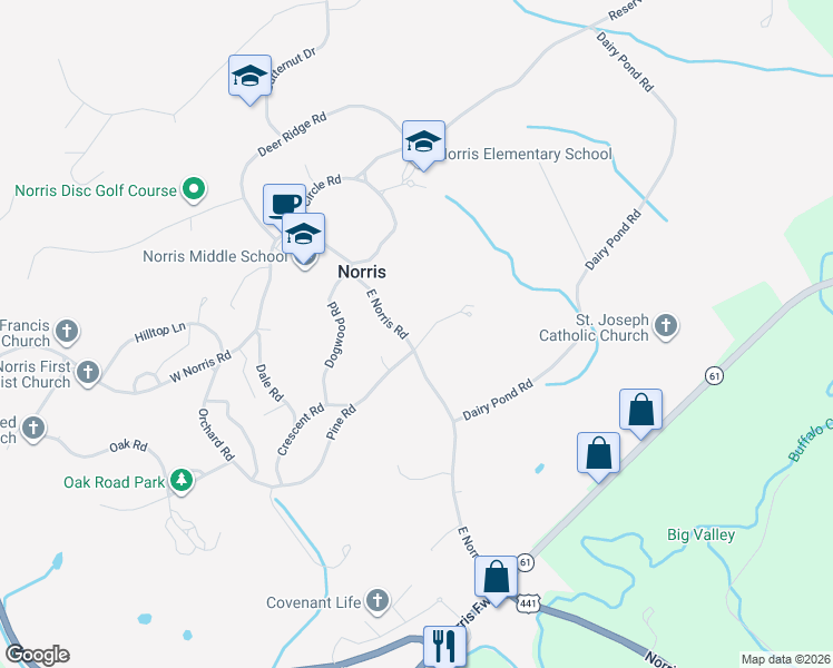 map of restaurants, bars, coffee shops, grocery stores, and more near 25 East Norris Road in Norris