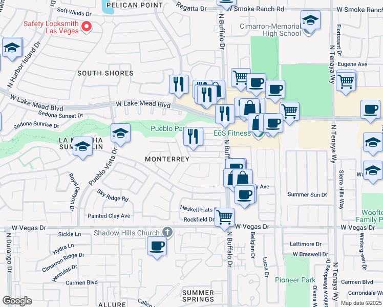 map of restaurants, bars, coffee shops, grocery stores, and more near 7729 Bauble Avenue in Las Vegas