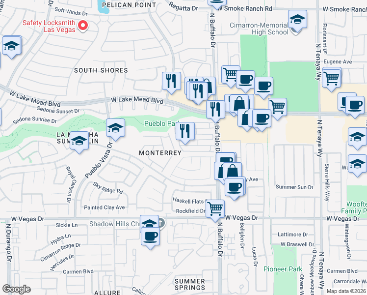 map of restaurants, bars, coffee shops, grocery stores, and more near 7729 Bauble Avenue in Las Vegas