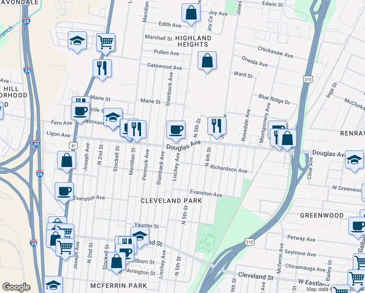 map of restaurants, bars, coffee shops, grocery stores, and more near in Nashville