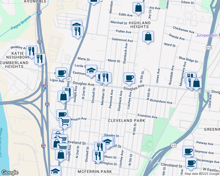 map of restaurants, bars, coffee shops, grocery stores, and more near 1220 Pennock Avenue in Nashville