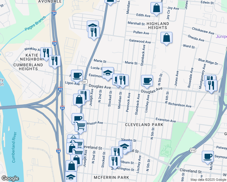 map of restaurants, bars, coffee shops, grocery stores, and more near 1218 Meridian Street in Nashville