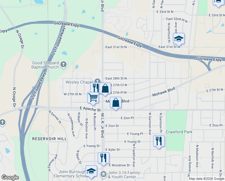 map of restaurants, bars, coffee shops, grocery stores, and more near 219 East 27th Place North in Tulsa