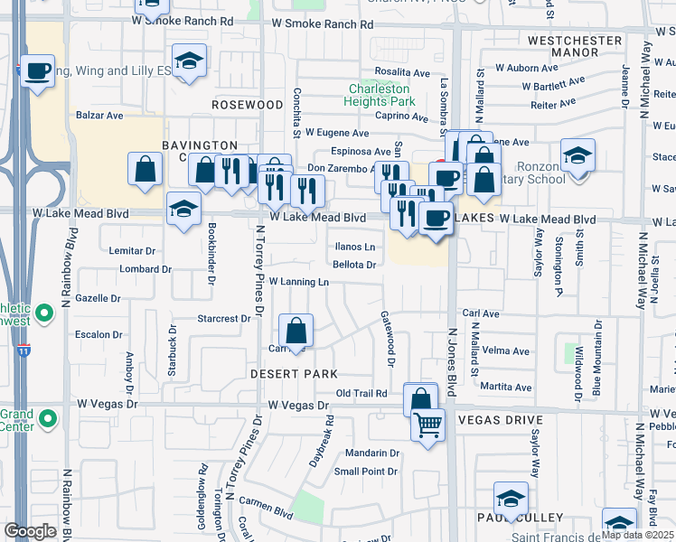 map of restaurants, bars, coffee shops, grocery stores, and more near 6241 Bellota Drive in Las Vegas