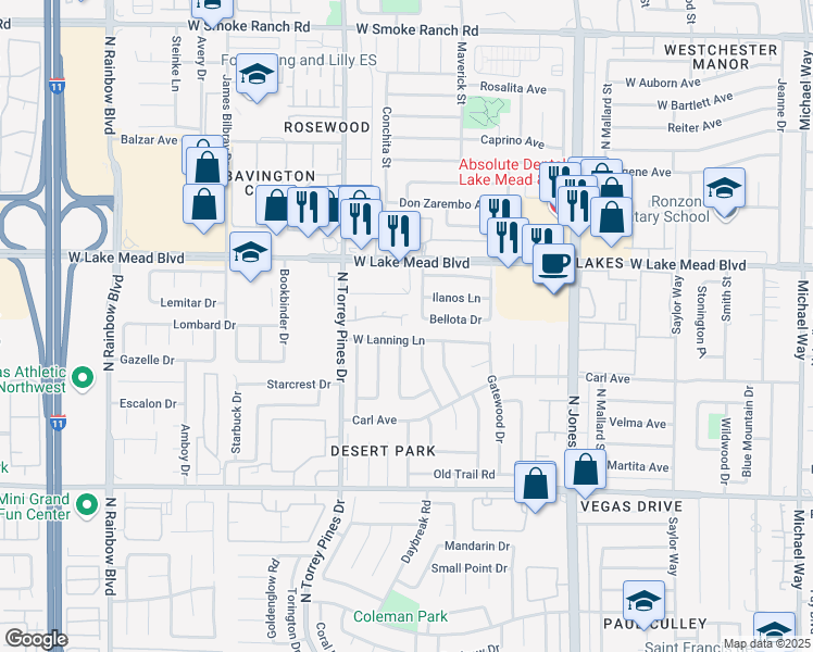 map of restaurants, bars, coffee shops, grocery stores, and more near 1900 North Torrey Pines Drive in Las Vegas