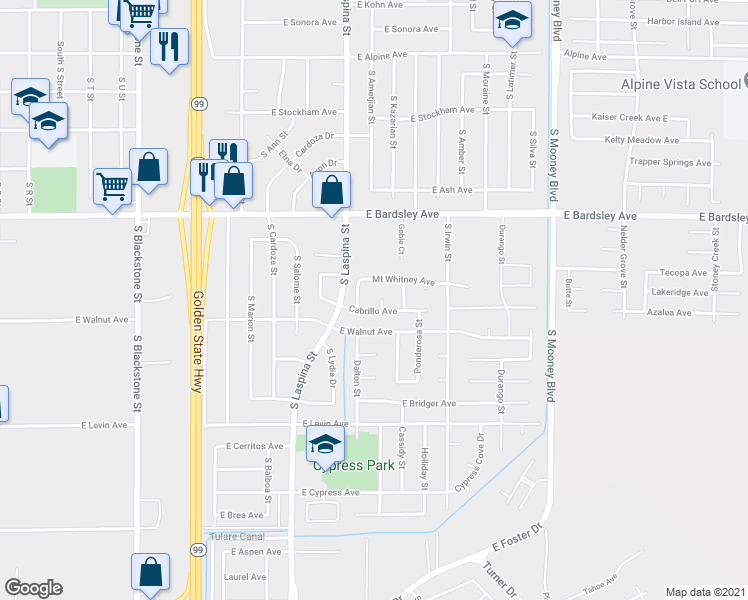 map of restaurants, bars, coffee shops, grocery stores, and more near 1281 Mount Brewer Court in Tulare