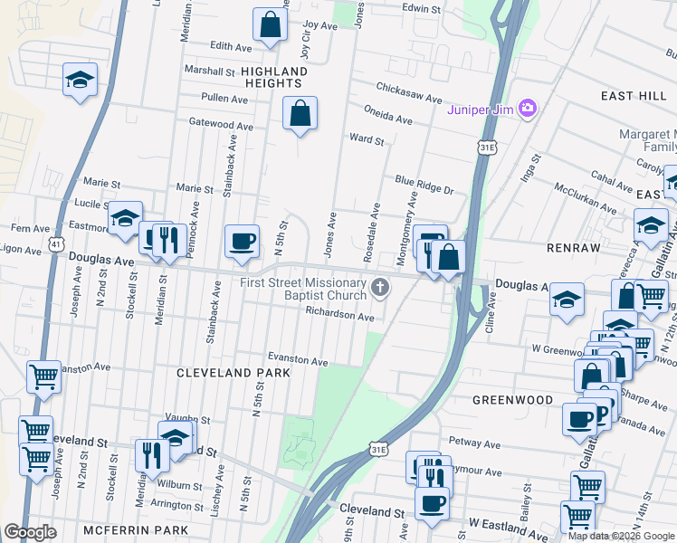 map of restaurants, bars, coffee shops, grocery stores, and more near 1216 North 8th Street in Nashville