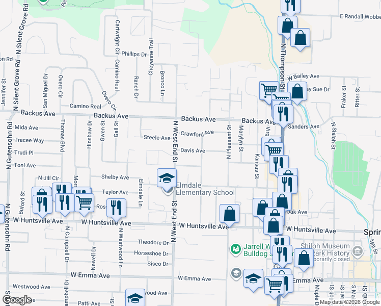 map of restaurants, bars, coffee shops, grocery stores, and more near 1405 Davis Avenue in Springdale