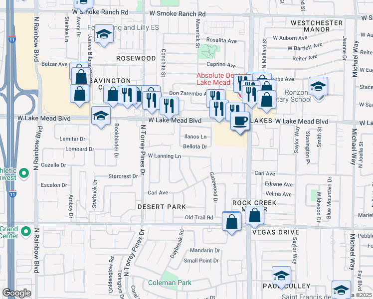 map of restaurants, bars, coffee shops, grocery stores, and more near 6241 Bellota Drive in Las Vegas
