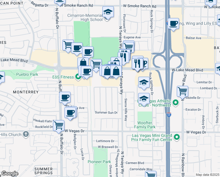 map of restaurants, bars, coffee shops, grocery stores, and more near 1913 Sierra Valley Way in Las Vegas