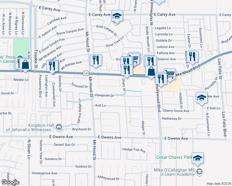 map of restaurants, bars, coffee shops, grocery stores, and more near 6452 Viewpoint Drive in Las Vegas