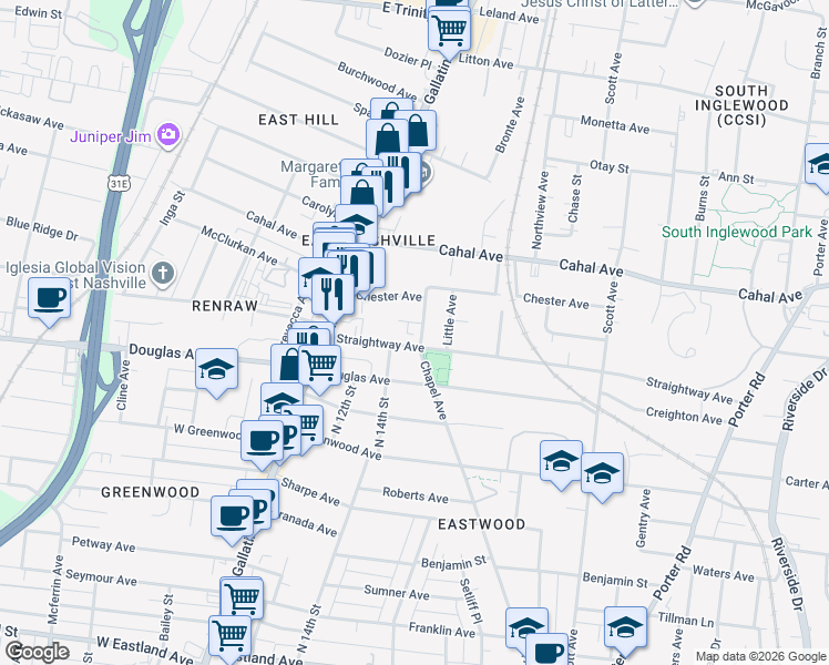 map of restaurants, bars, coffee shops, grocery stores, and more near 1409 Straightway Avenue in Nashville