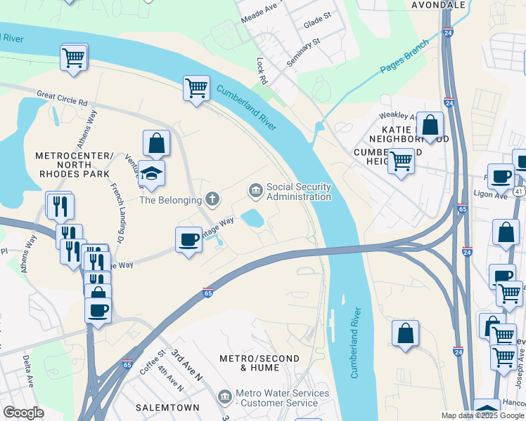 map of restaurants, bars, coffee shops, grocery stores, and more near 275 Cumberland Bend in Nashville