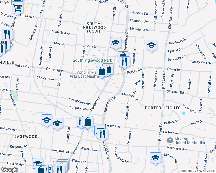 map of restaurants, bars, coffee shops, grocery stores, and more near 109 Porter Terrace in Nashville