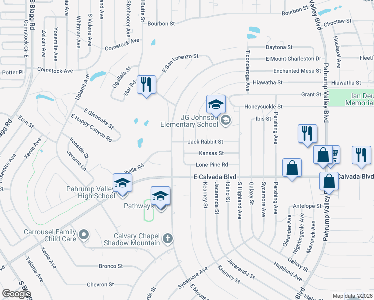 map of restaurants, bars, coffee shops, grocery stores, and more near 730 Kansas Street in Pahrump