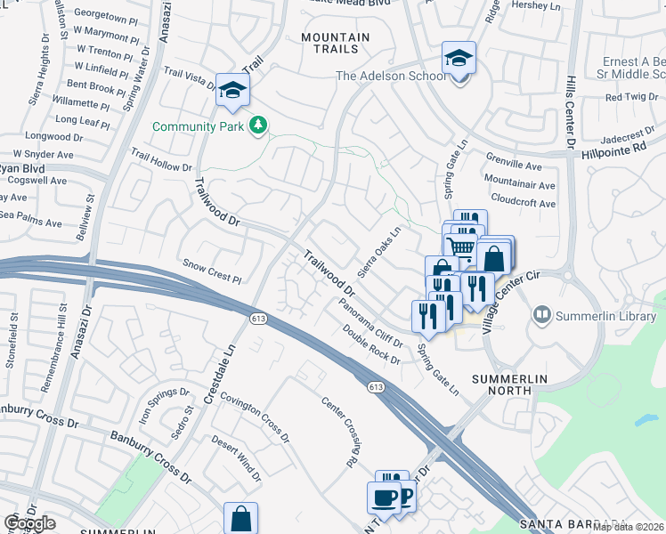 map of restaurants, bars, coffee shops, grocery stores, and more near 9901 Trailwood Drive in Las Vegas