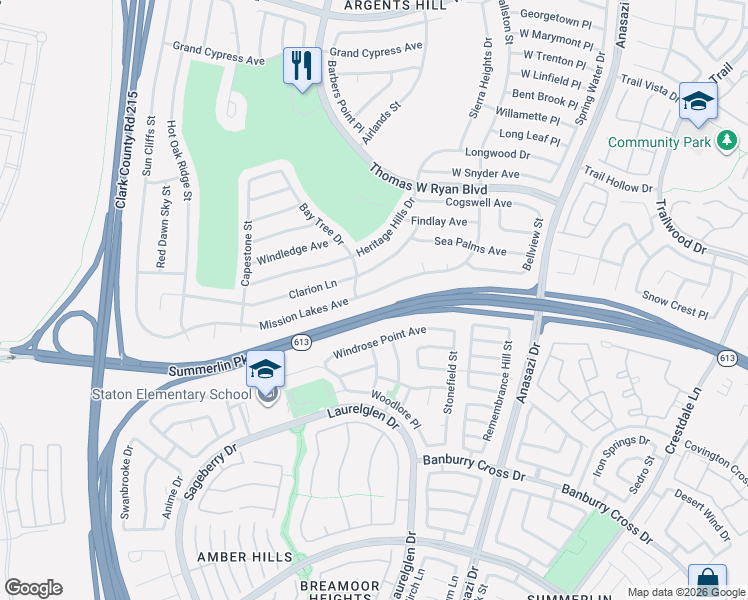 map of restaurants, bars, coffee shops, grocery stores, and more near 10623 Mission Lakes Avenue in Las Vegas