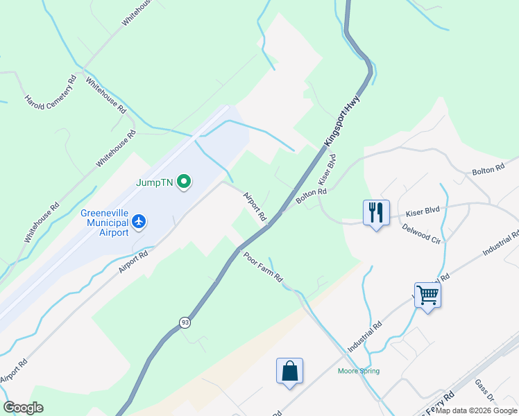 map of restaurants, bars, coffee shops, grocery stores, and more near 1415 Kingsport Highway in Greeneville