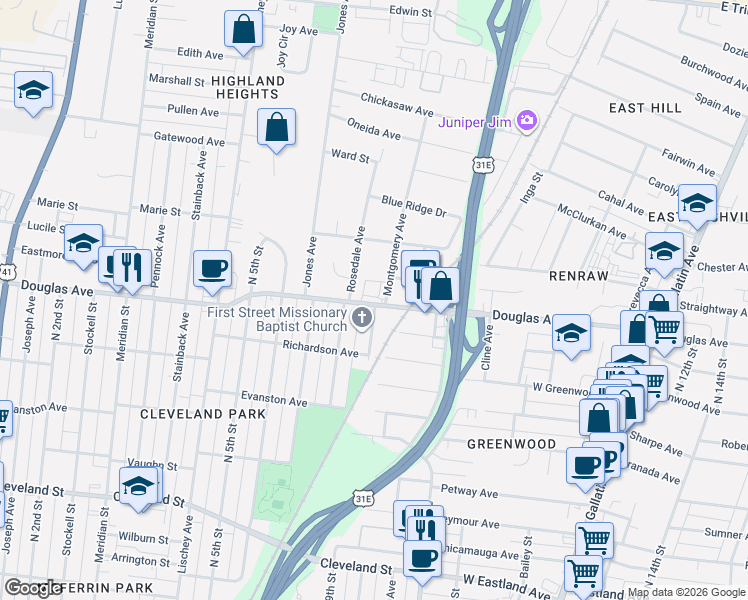 map of restaurants, bars, coffee shops, grocery stores, and more near 1218 Montgomery Avenue in Nashville