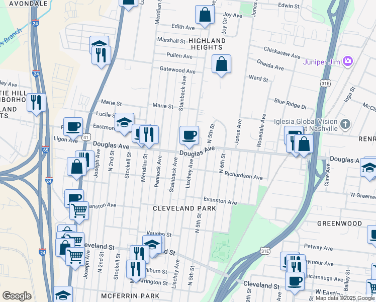 map of restaurants, bars, coffee shops, grocery stores, and more near in Nashville