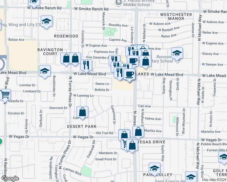 map of restaurants, bars, coffee shops, grocery stores, and more near 6201 Bellota Drive in Las Vegas