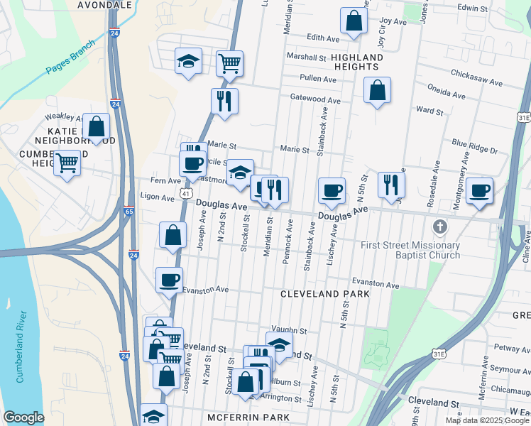 map of restaurants, bars, coffee shops, grocery stores, and more near 1218 Meridian Street in Nashville