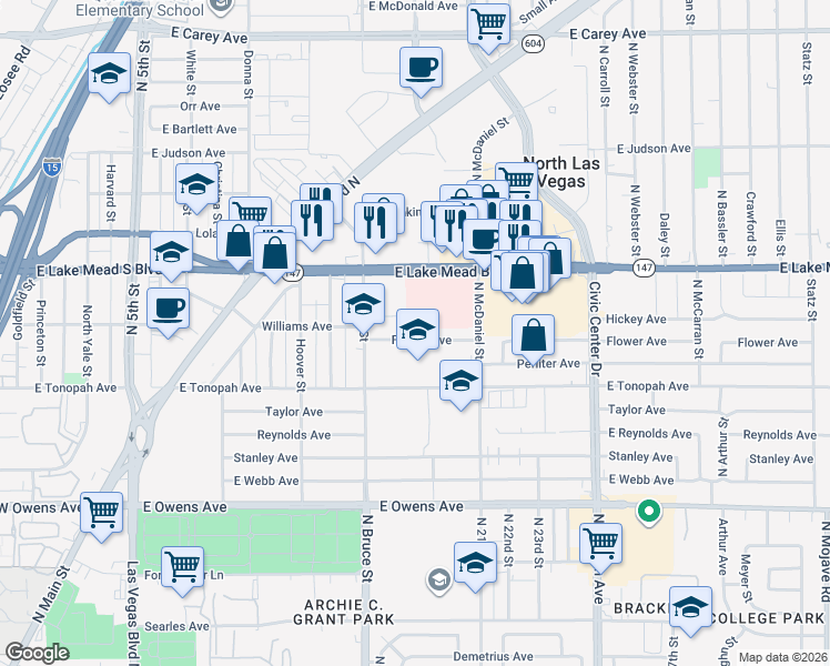 map of restaurants, bars, coffee shops, grocery stores, and more near 1412 Flower Avenue in North Las Vegas