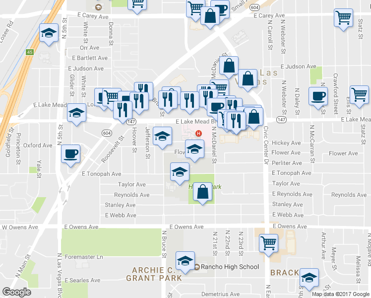 map of restaurants, bars, coffee shops, grocery stores, and more near 1412 Flower Avenue in North Las Vegas
