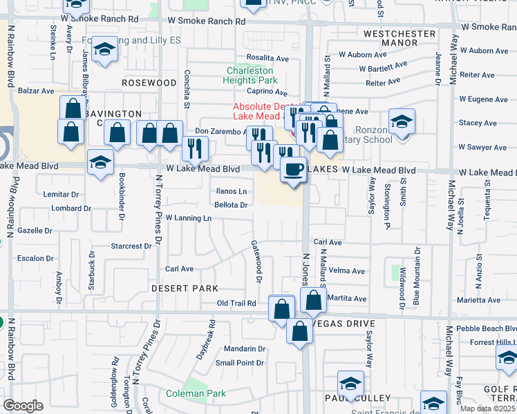 map of restaurants, bars, coffee shops, grocery stores, and more near 6201 Bellota Drive in Las Vegas
