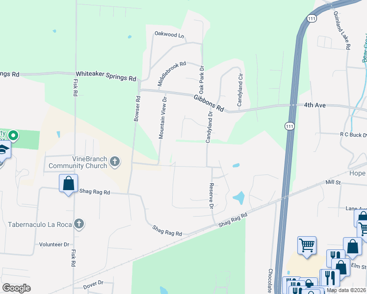 map of restaurants, bars, coffee shops, grocery stores, and more near 2208 Candyland Drive in Cookeville