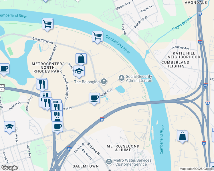 map of restaurants, bars, coffee shops, grocery stores, and more near 201 Great Circle Road in Nashville