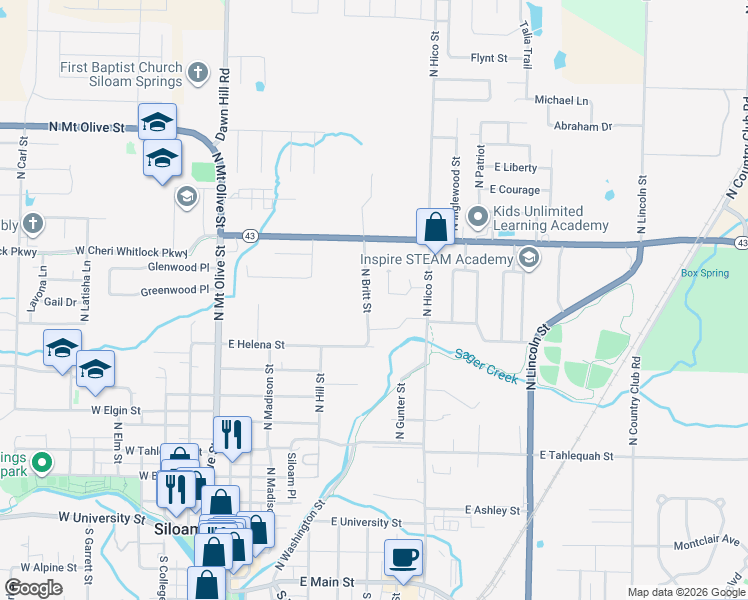 map of restaurants, bars, coffee shops, grocery stores, and more near 1109 North Britt Street in Siloam Springs